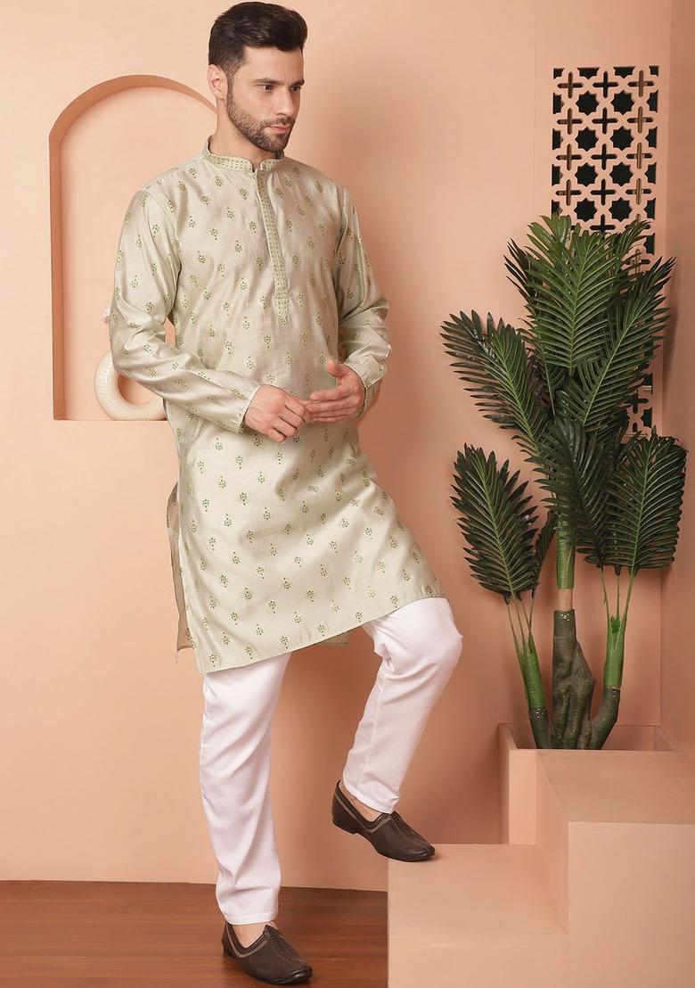 Green Printed Viscose Kurta Set For Men - Indya