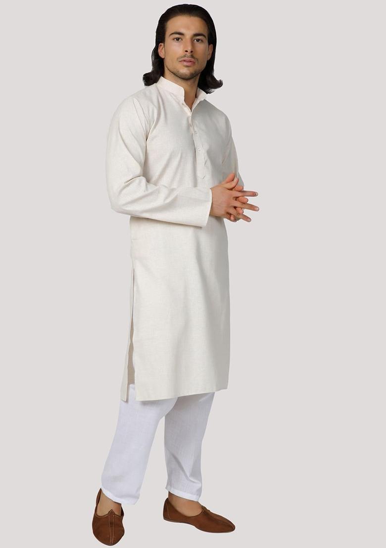 Beige Solid Cotton Kurta Set For Men - Indya
