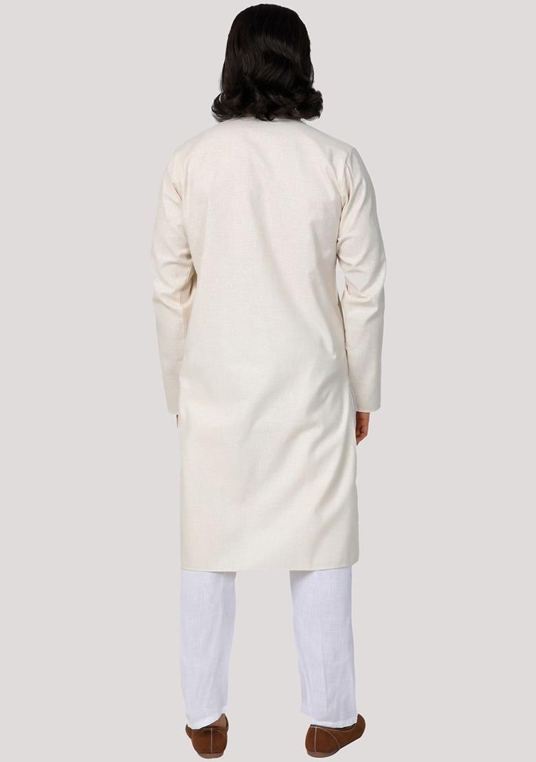 Beige Solid Cotton Kurta Set For Men - Indya