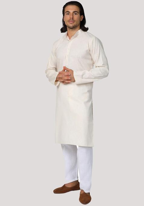 Beige Solid Cotton Kurta Set For Men