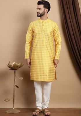 Yellow Printed Silk Kurta Set For Men