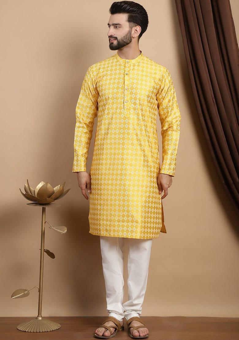Yellow Printed Silk Kurta Set For Men - Indya