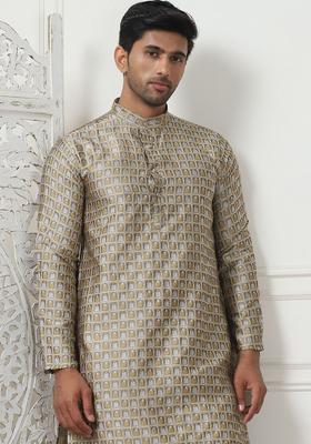 Brown Woven Design Silk Kurta Set For Men