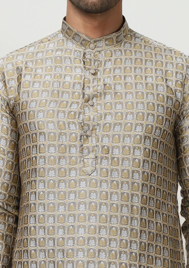 Brown Woven Design Silk Kurta Set For Men - Indya