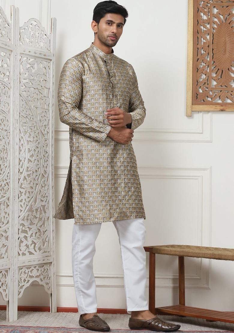Brown Woven Design Silk Kurta Set For Men - Indya