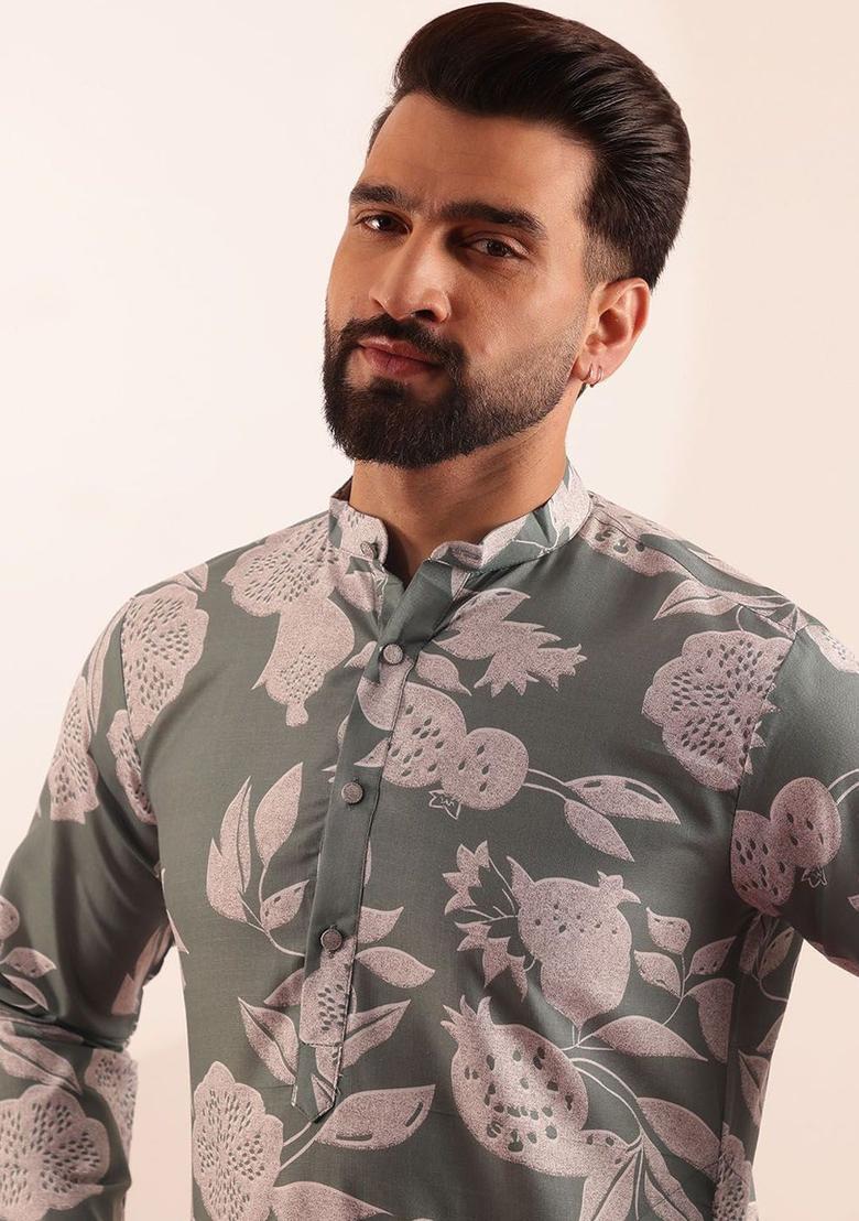 Green Printed Cotton Kurta Set For Men - Indya