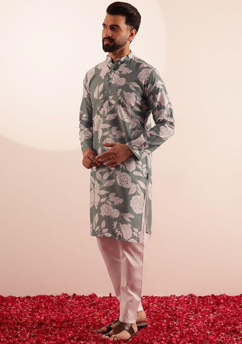 Green Printed Cotton Kurta Set For Men - Indya