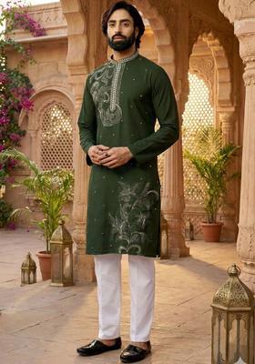 Green Embroidered Polyester Kurta Set For Men
