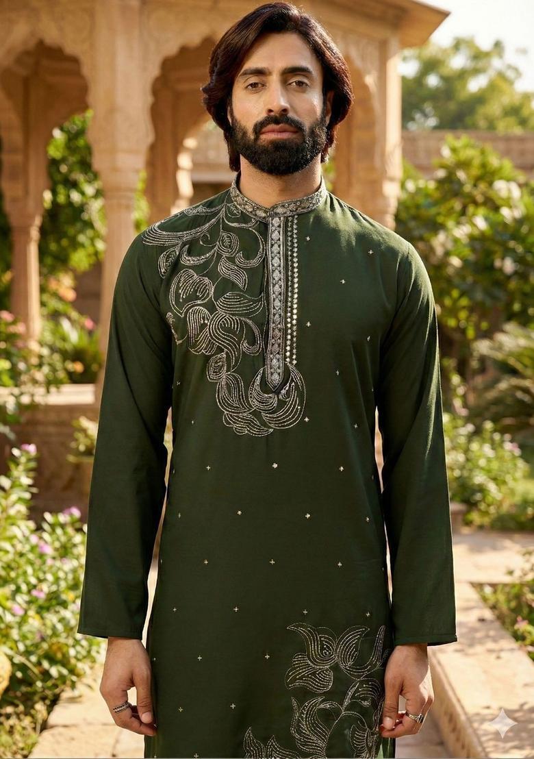 Green Embroidered Polyester Kurta Set For Men - Indya