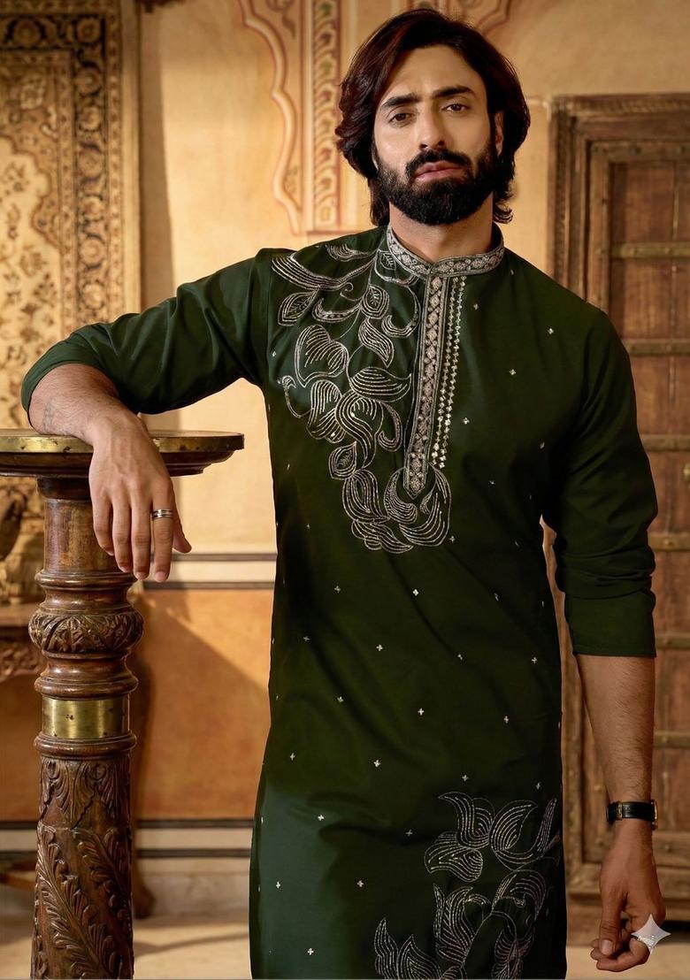 Green Embroidered Polyester Kurta Set For Men - Indya