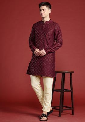 Maroon Printed Polyester Kurta Set For Men