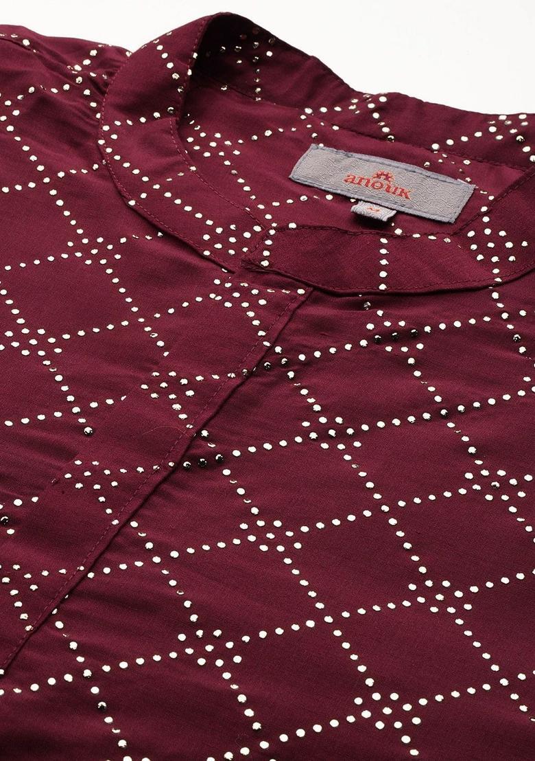 Maroon Printed Polyester Kurta Set For Men - Indya