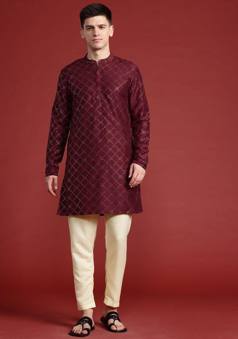 Maroon Printed Polyester Kurta Set For Men - Indya