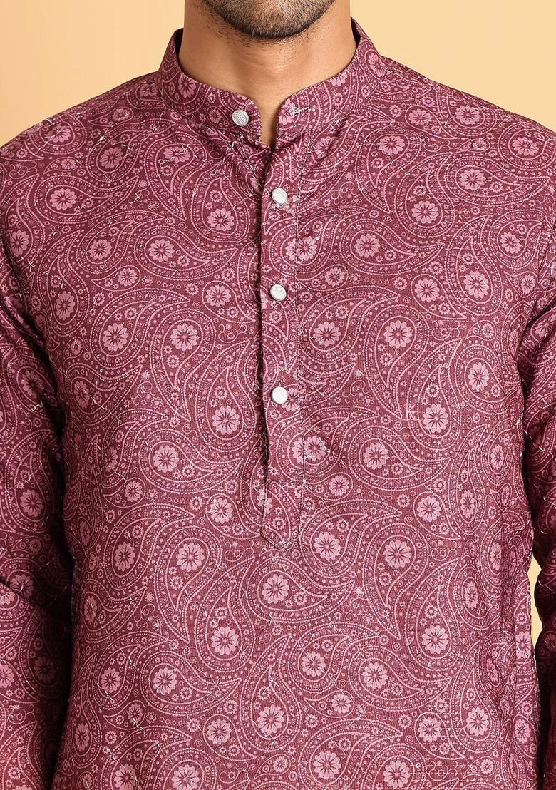 Maroon Printed Cotton Kurta Set For Men - Indya