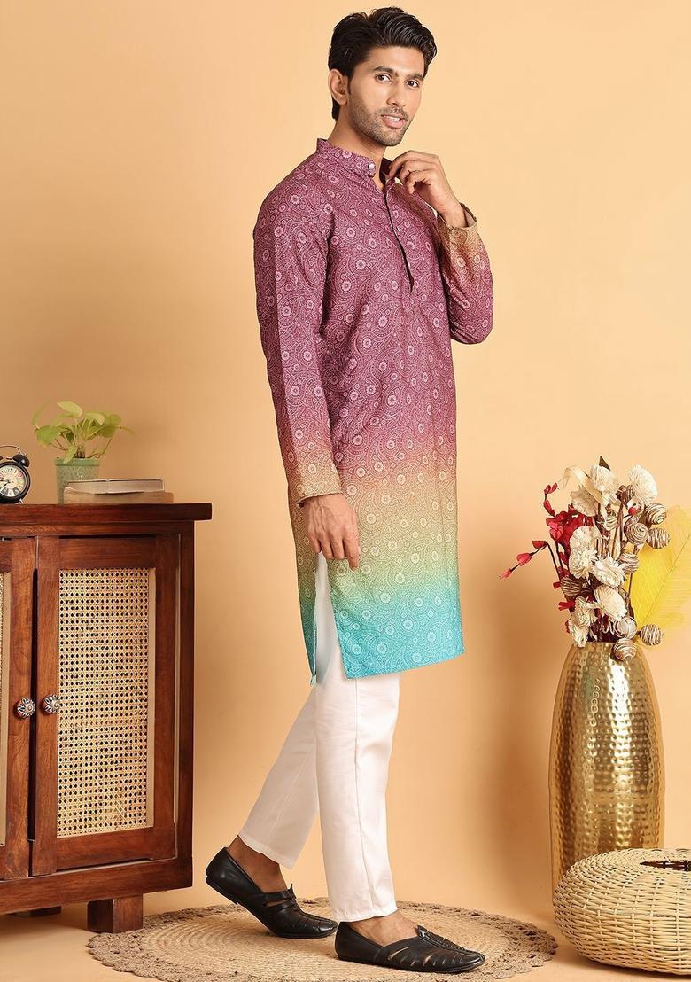 Maroon Printed Cotton Kurta Set For Men - Indya