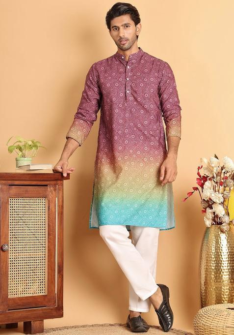 Maroon Printed Cotton Kurta Set For Men