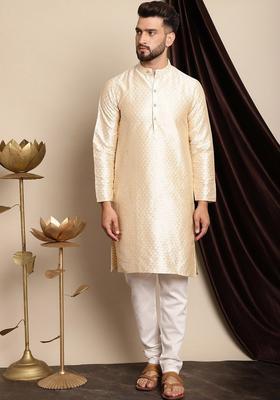 Beige Woven Design Silk Kurta Set For Men