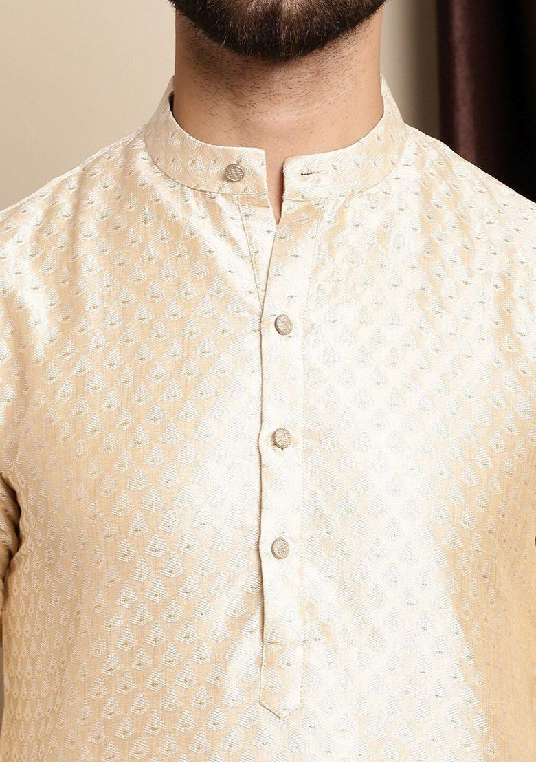 Beige Woven Design Silk Kurta Set For Men - Indya