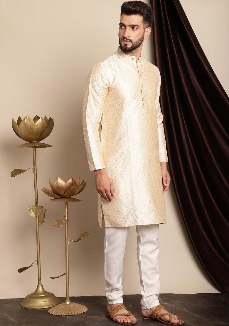 Beige Woven Design Silk Kurta Set For Men - Indya