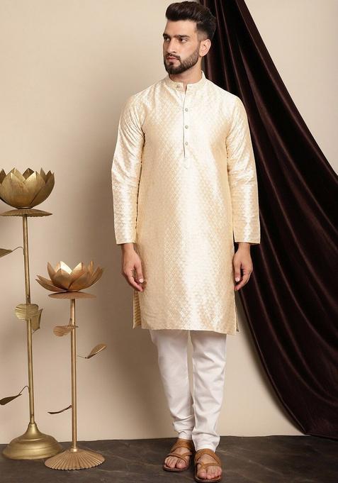 Beige Woven Design Silk Kurta Set For Men