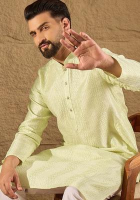 Green Self Design Silk Kurta Set For Men