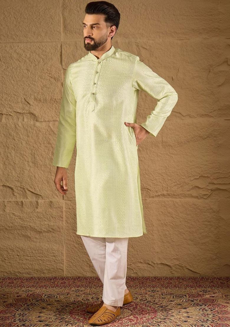 Green Self Design Silk Kurta Set For Men - Indya