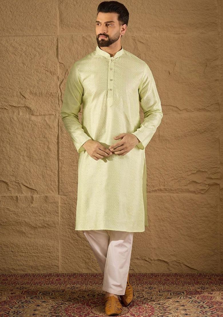 Green Self Design Silk Kurta Set For Men - Indya