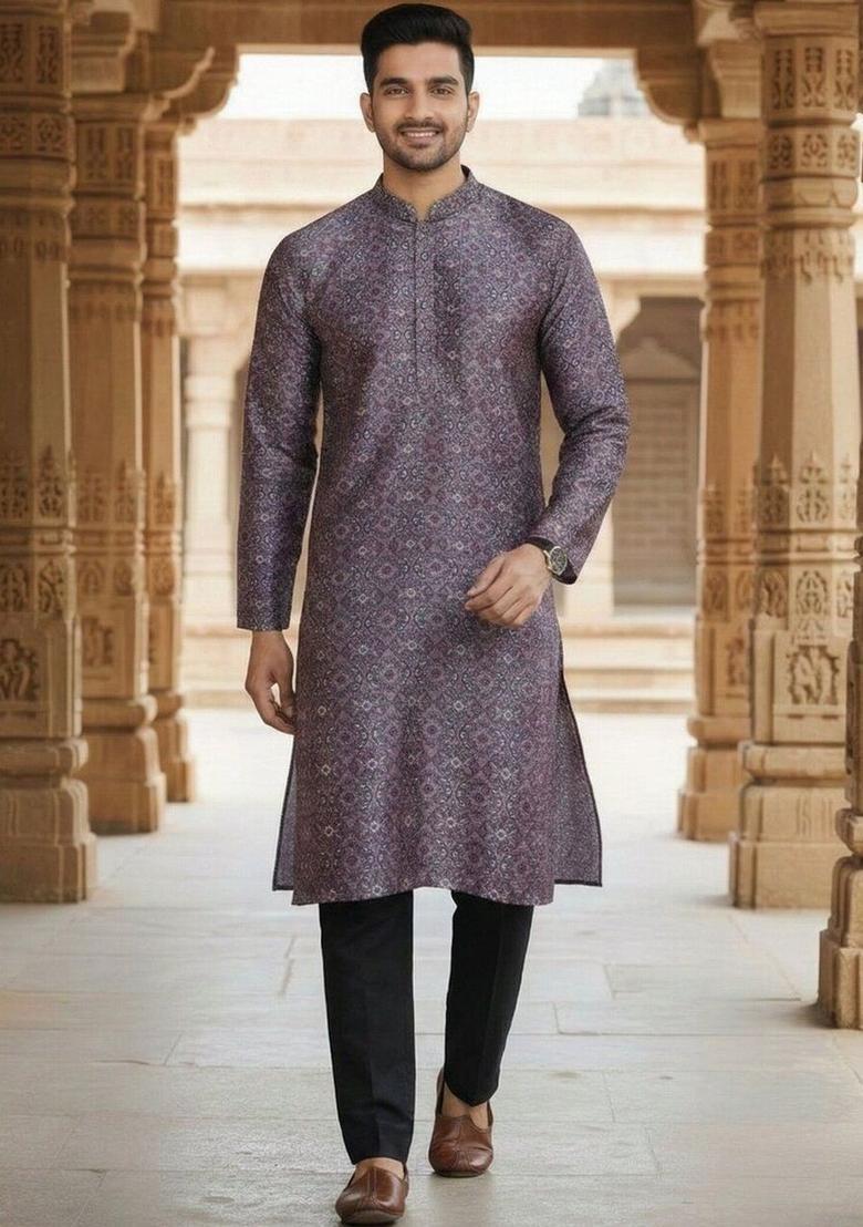 Purple Printed Silk Kurta Set For Men - Indya