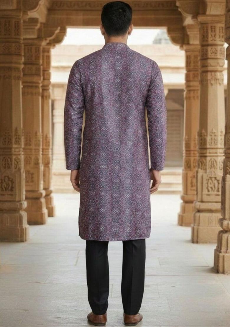 Purple Printed Silk Kurta Set For Men - Indya