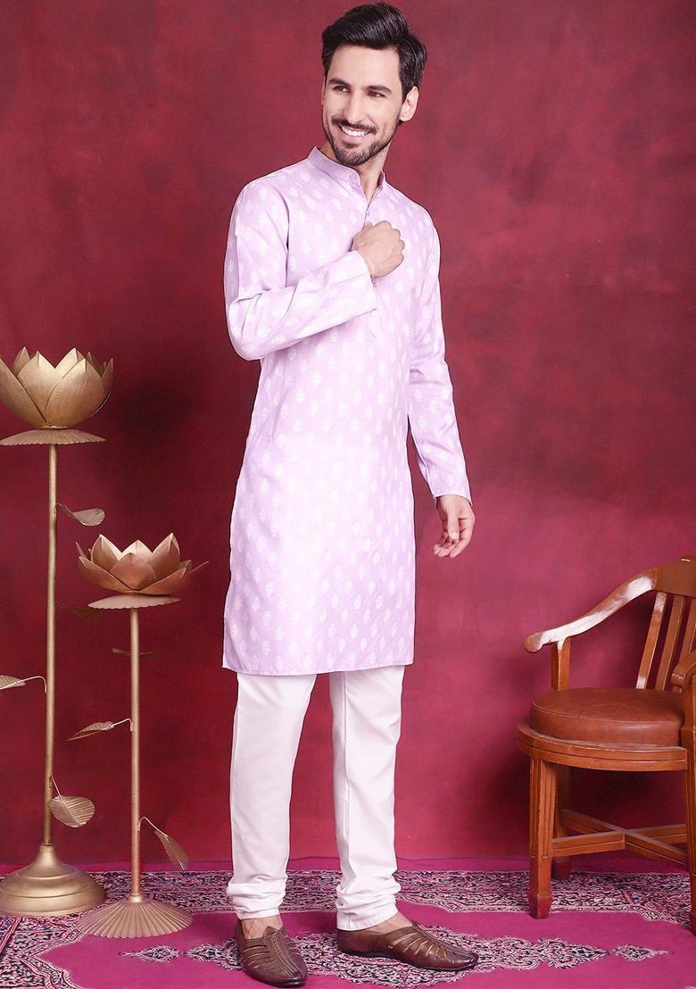 Purple Printed Cotton Kurta Set For Men - Indya