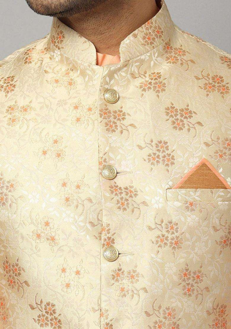 Peach Self Design Silk Blend Kurta Set For Men - Indya
