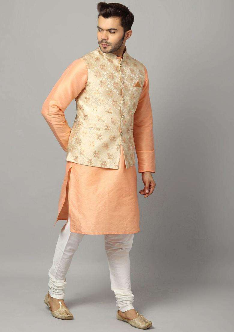 Peach Self Design Silk Blend Kurta Set For Men - Indya