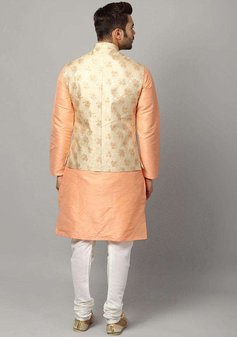 Peach Self Design Silk Blend Kurta Set For Men - Indya