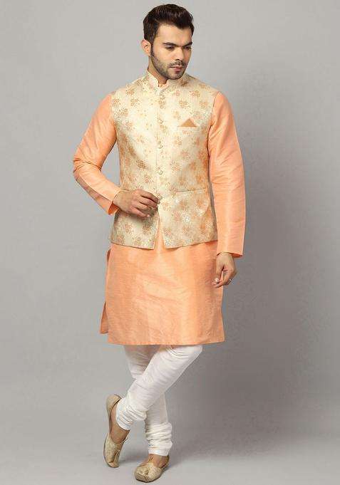 Peach Self Design Silk Blend Kurta Set For Men