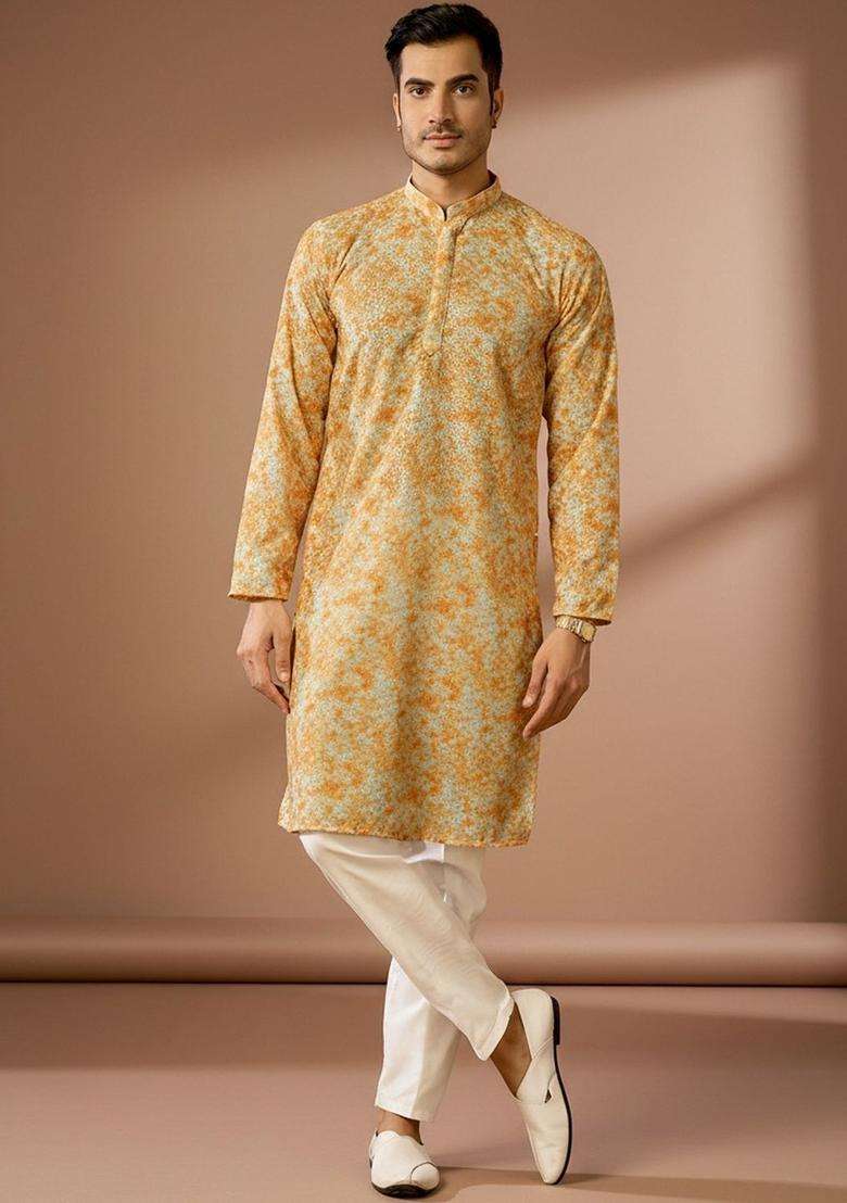 Orange Dyed Silk Blend Kurta Set For Men - Indya