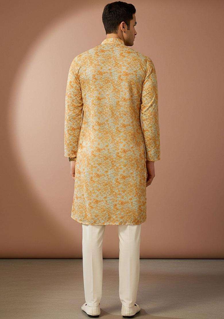 Orange Dyed Silk Blend Kurta Set For Men - Indya