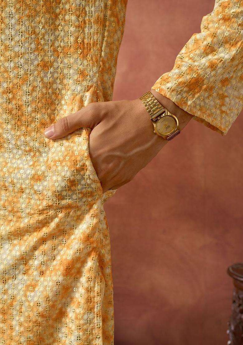 Orange Dyed Silk Blend Kurta Set For Men - Indya