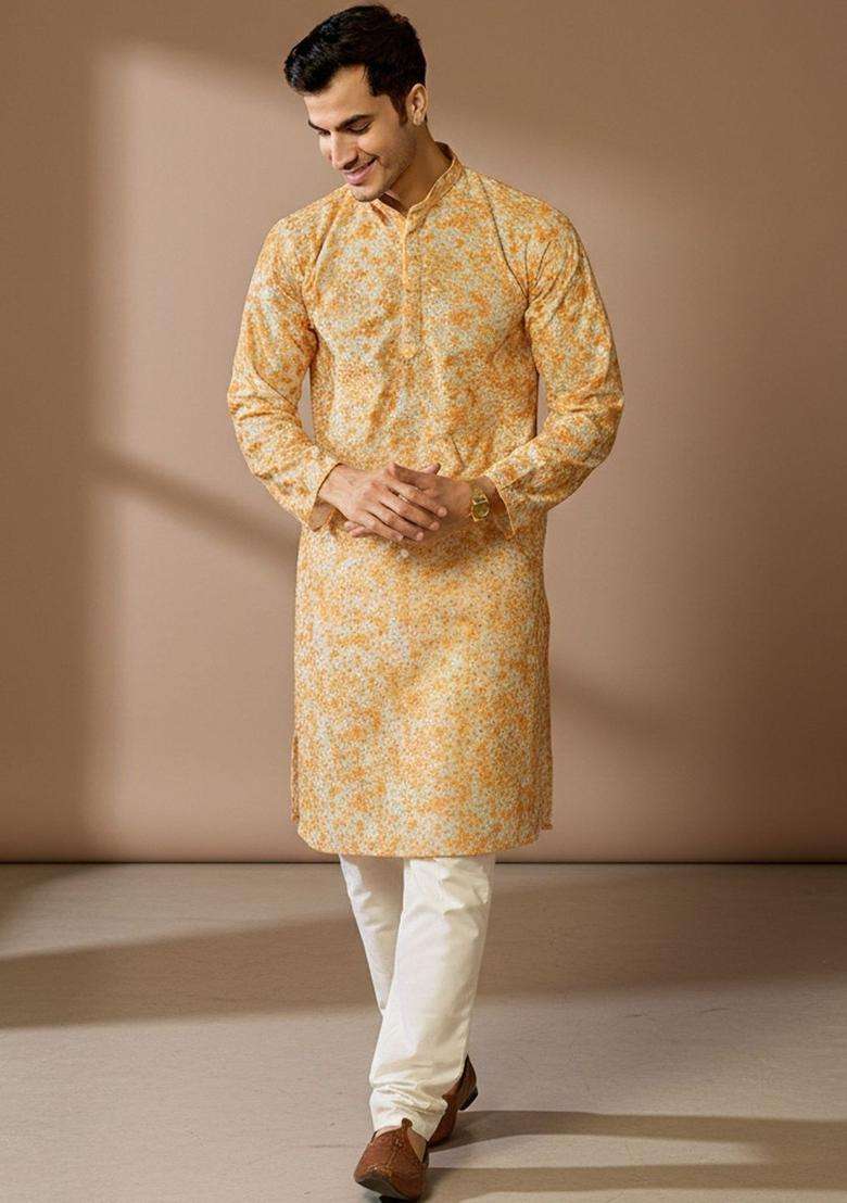 Orange Dyed Silk Blend Kurta Set For Men - Indya