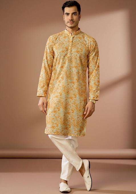 Orange Dyed Silk Blend Kurta Set For Men