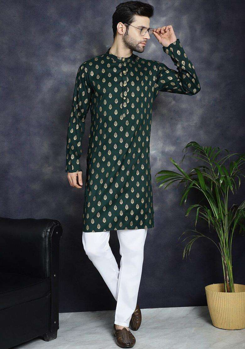 Olive Printed Cotton Kurta Set For Men - Indya
