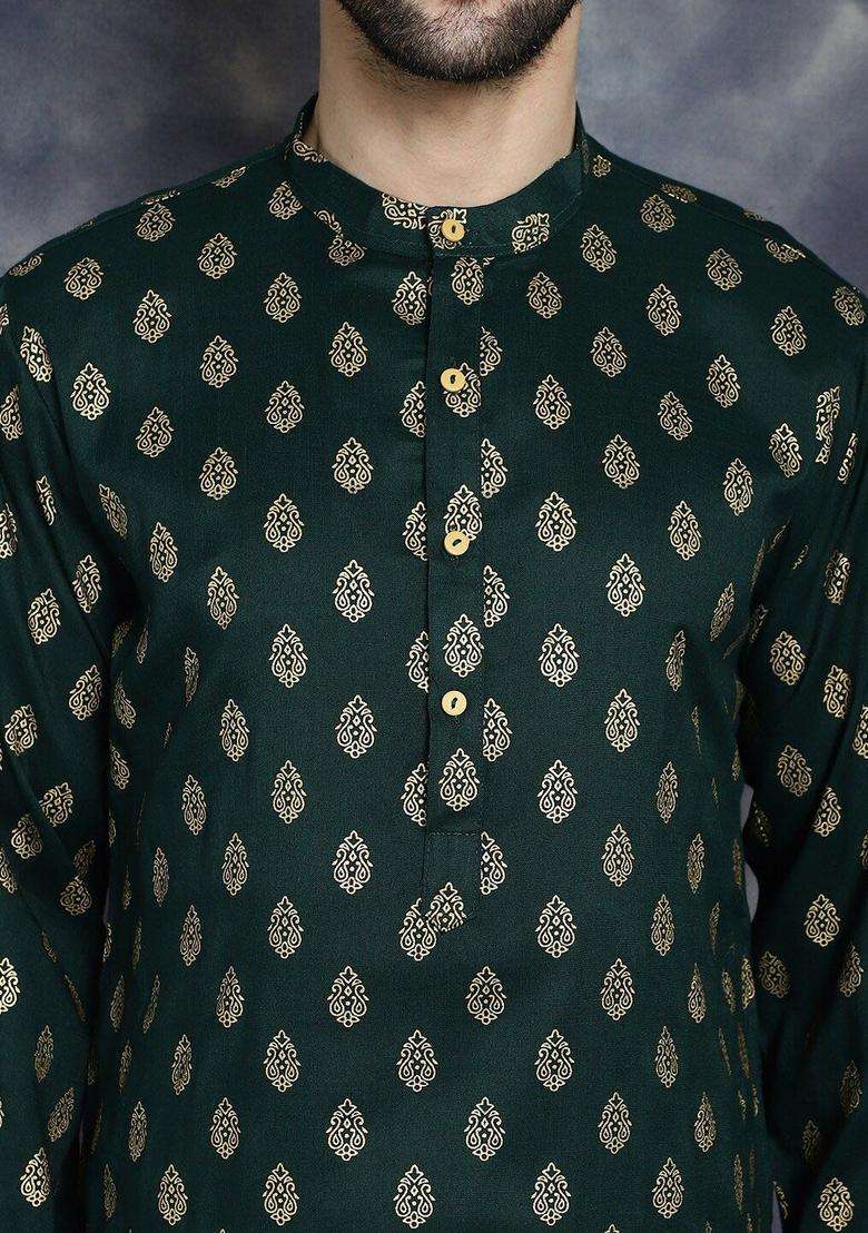 Olive Printed Cotton Kurta Set For Men - Indya