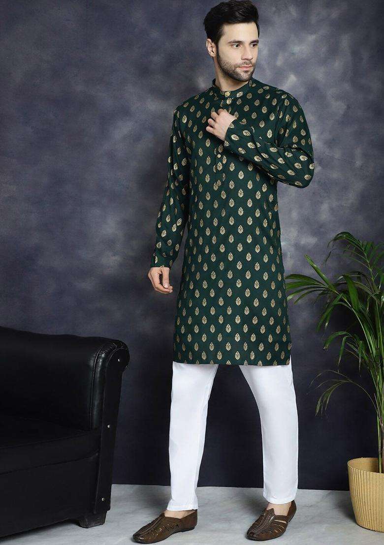 Olive Printed Cotton Kurta Set For Men - Indya