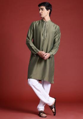 Olive Woven Design Polyester Kurta Set For Men