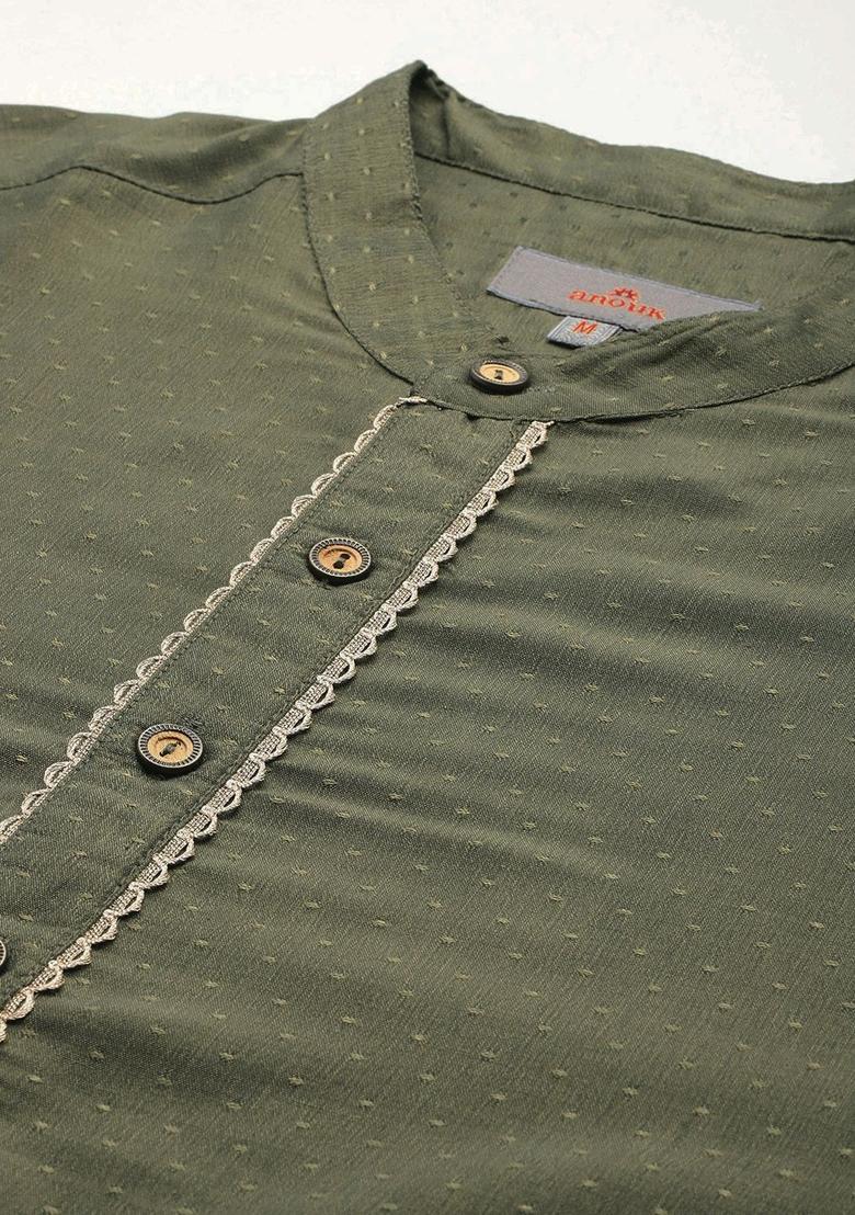 Olive Woven Design Polyester Kurta Set For Men - Indya