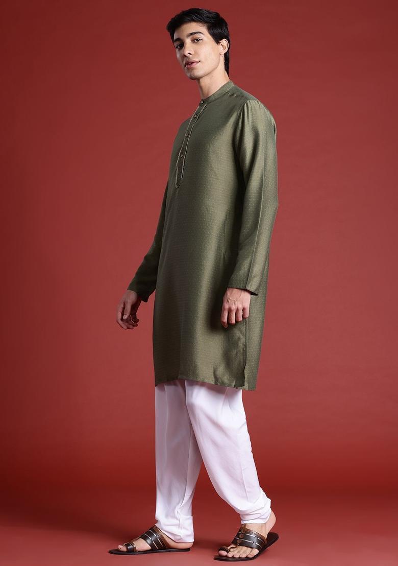 Olive Woven Design Polyester Kurta Set For Men - Indya