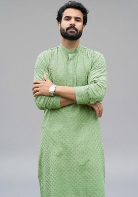 Green Self Design Cotton Kurta Set For Men