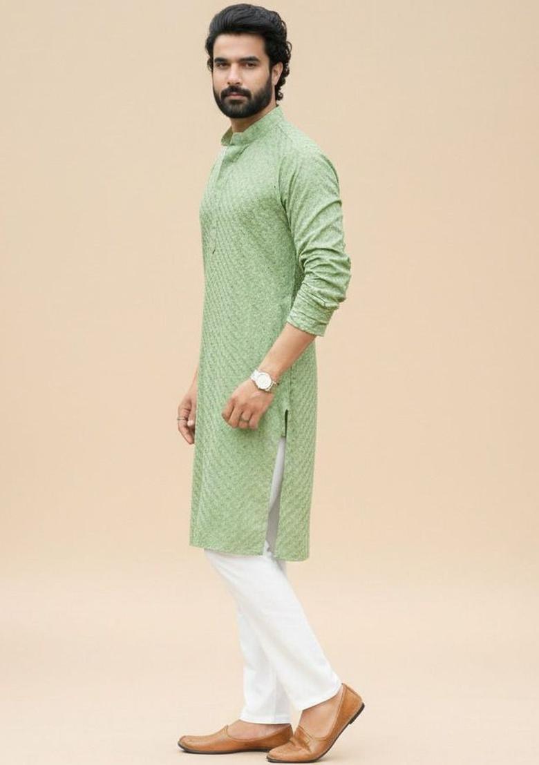 Green Self Design Cotton Kurta Set For Men - Indya