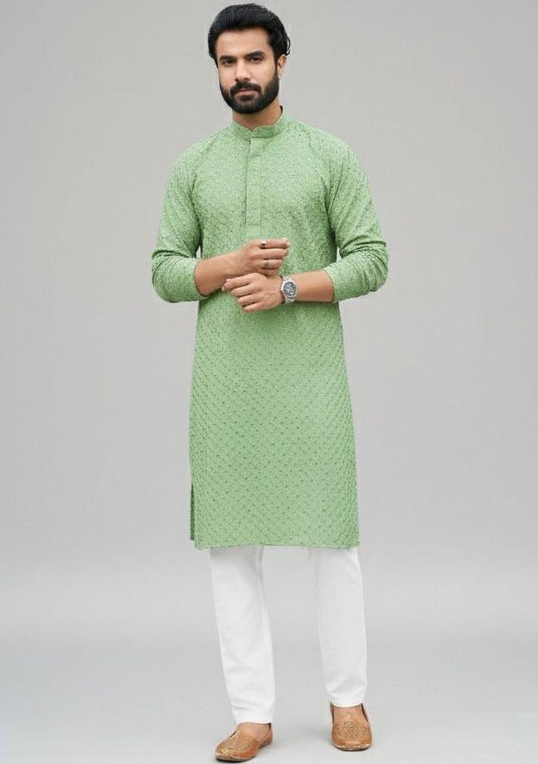 Green Self Design Cotton Kurta Set For Men - Indya