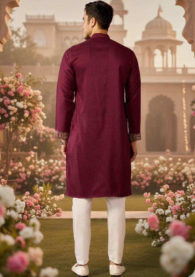Maroon Embroidered Cotton Kurta Set For Men - Indya