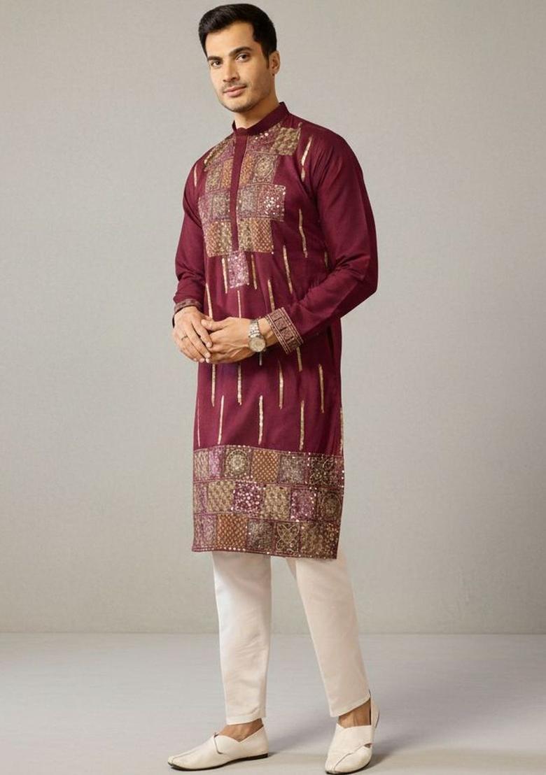 Maroon Embroidered Cotton Kurta Set For Men - Indya